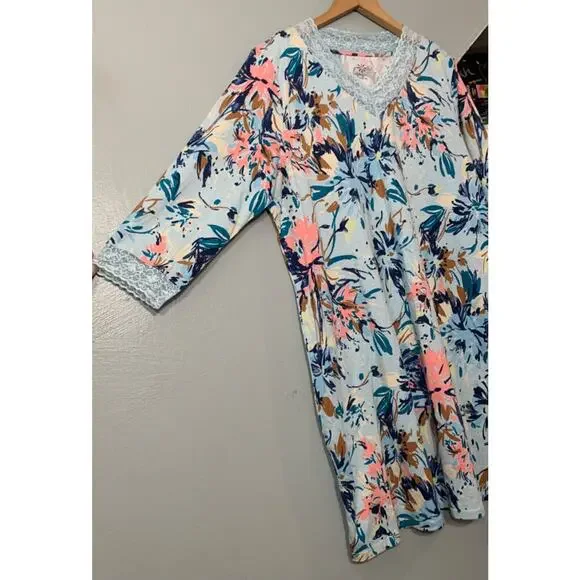 Cottagecore Floral Night Gown Size XL Blue Soft Knit Lace Trim Sleepwear - Picture 2 of 6